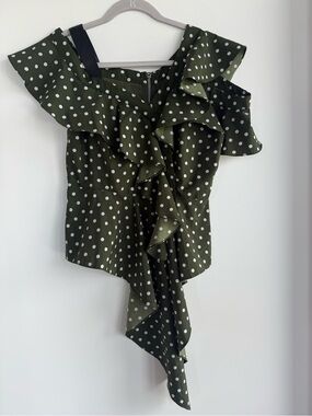 Olive Green Polka Dot Ruffle Sleeve Blouse